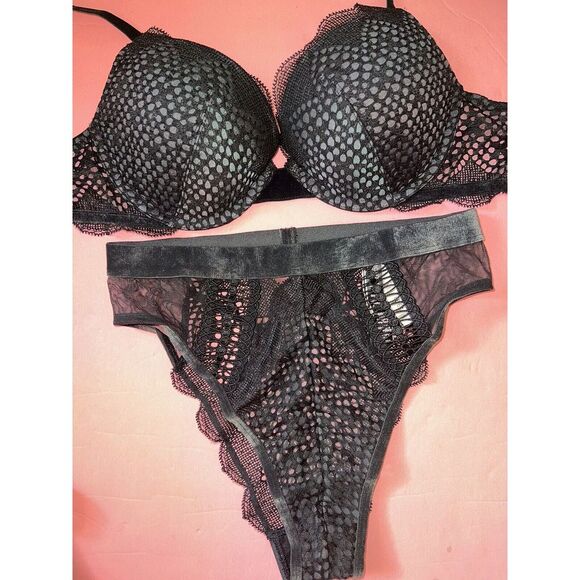 Victoria's Secret 32C BRA+CORSET bustier+TEDDY FISHNET velvet velour BLACK gray - Picture 4 of 12